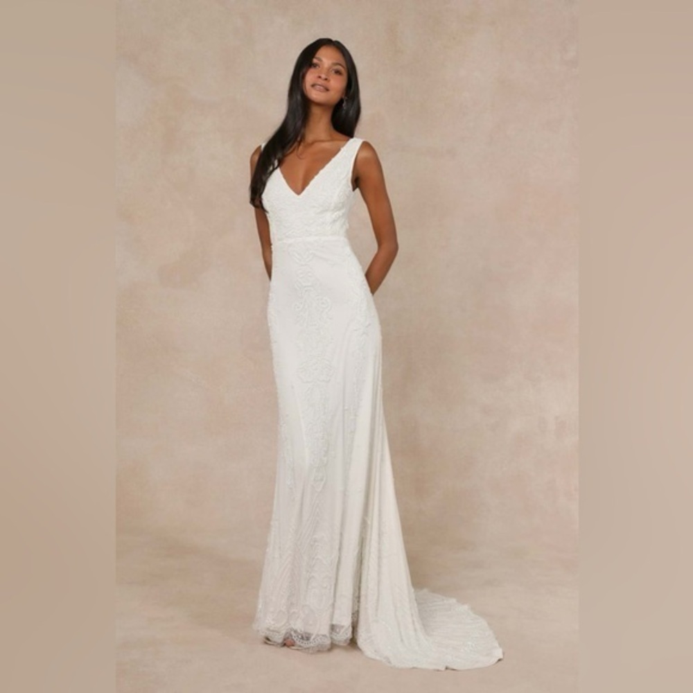 LULU’S PASSIONATE ROMANCE BEADED SEQUIN MERMAID MAXI DRESS